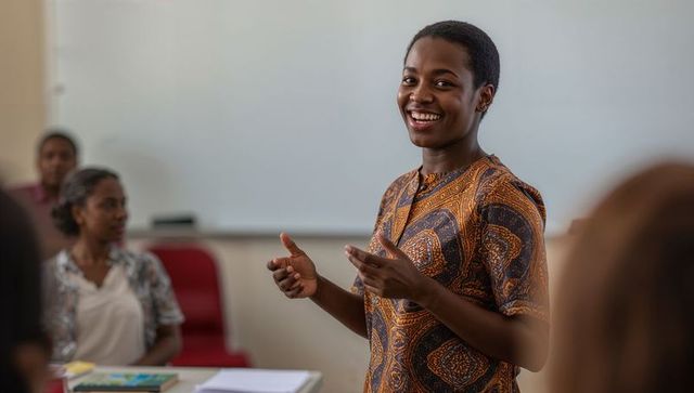 Young woman leading interactive workshop and group discussion in classroom with whiteboard
