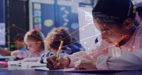 Young Girl Writing in Classroom with Code Overlay Representing EdTech and STEM Learning