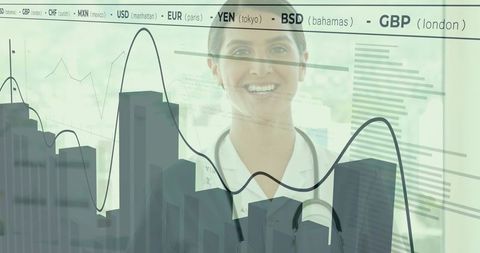 Doctor Analyzing Data on Transparent Screen with Financial Visualization
