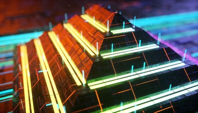 Futuristic neon stepped pyramid circuit board glowing data streams and glossy reflections