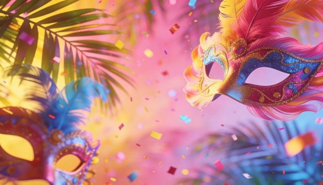 Vibrant masquerade mask floating with feathers and confetti in tropical carnival bokeh