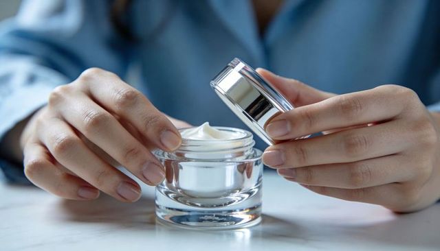 Hands opening luxury glass jar moisturizer on marble counter holding silver lid closeup