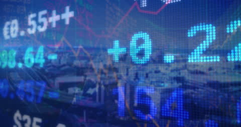 Digital Stock Data Overlaying Urban Skyline