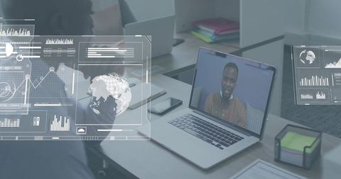 Remote colleague appearing on laptop during virtual meeting with analytics dashboard HUD
