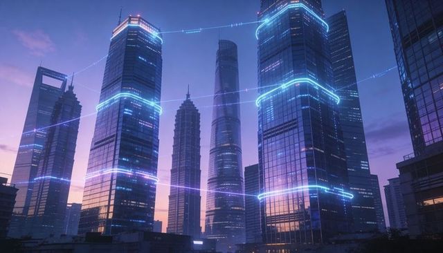Neon rings encircling futuristic glass skyscrapers and cylindrical tower at twilight