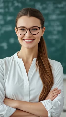 Young teacher smiling and blinking at camera while crossing arms in classroom vertical video