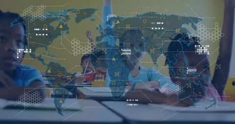 Students Learning with Digital World Map Overlay in Classroom