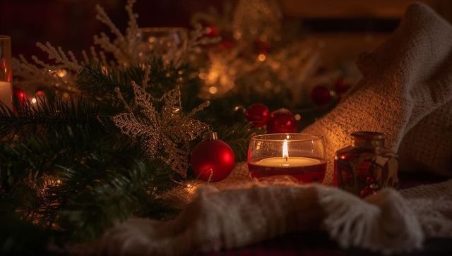 Warm holiday mantel vignette with glowing candlelight, pine garland, knit sweater and red ornaments