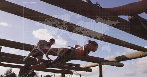 Female Athlete Navigating Obstacle Course with Digital Grid Overlay