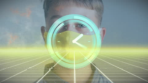 Digital Clock Animation Over Boy in Face Mask Concept