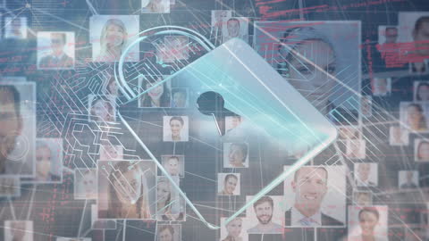 Digital Security Lock Over Diverse Business Portrait Grid