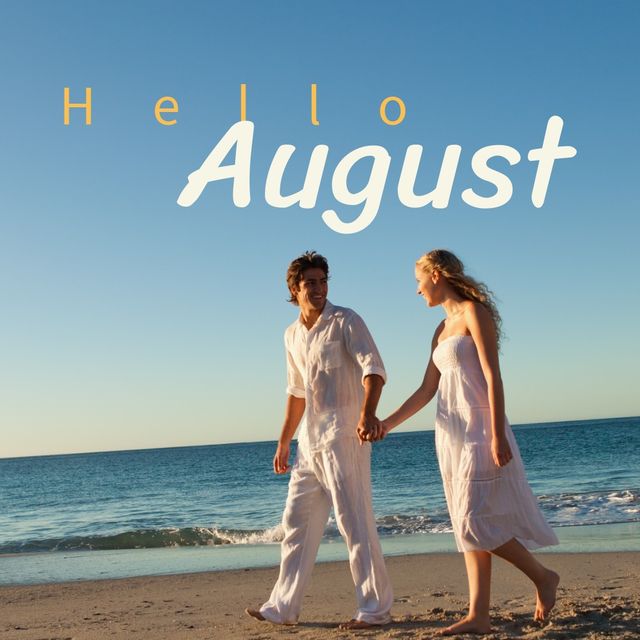 Composite of caucasian young couple walking at beach and hello august text against clear blue sky. nature, happy, love, togetherness, lifestyle, summer, greeting, enjoyment and holiday concept.