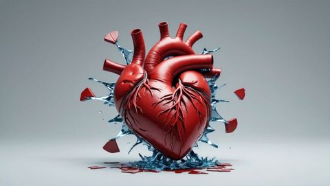 Digitally created heart breaks free with dynamic liquid explosion, cardiovascular diseases concept