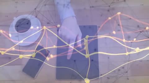 Hands Swiping Tablet with Network Overlay for Data Flow