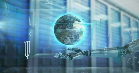 Robotic Arm Engages with Digital Globe in Server Room - Download Free Stock Images Pikwizard.com