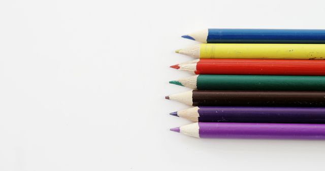 A set of colorful pencils is arranged in a row against a white background, with copy space. Their arrangement suggests creativity and the potential for artistic expression.