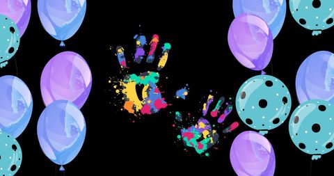 Colorful Handprints and Balloons on Black Background