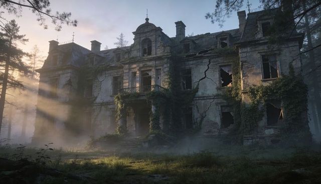 Sunlight piercing mist over abandoned manor house showing cracked façade and ivy-covered ruin