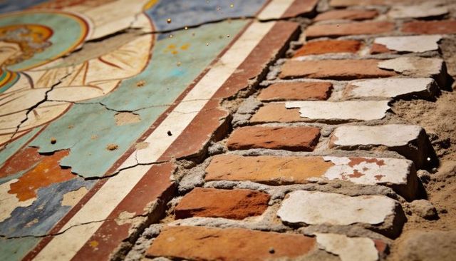 Weathered brick and cracked fresco close-up showing exposed clay and coarse mortar texture