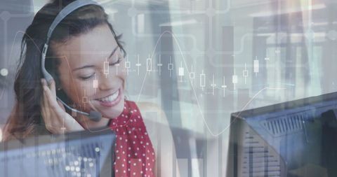 Businesswoman with Headset Handling Financial Data