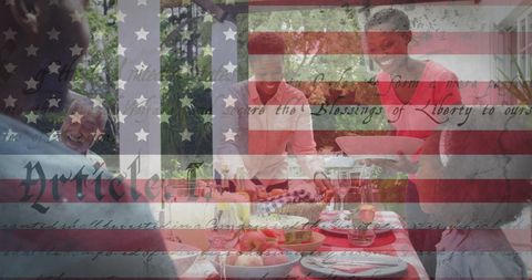 American Family Gathering with Overlay of USA Flag and Constitution