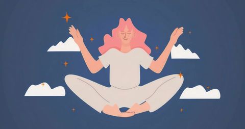 Pink-Haired Woman Meditating Amid Clouds and Golden Stars