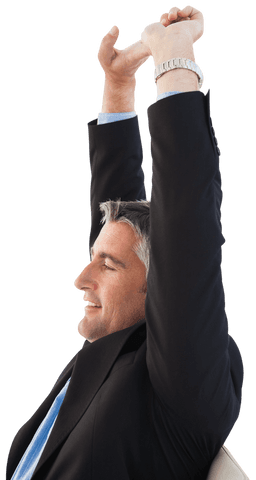 Businessman relaxing by stretching in office transparent background