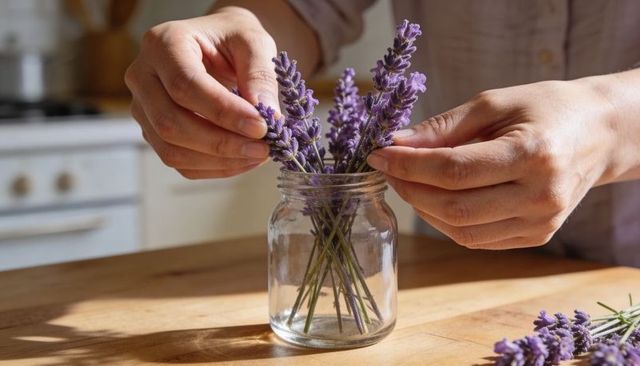 Close-up hands arranging fresh lavender stems in clear glass jar on sunlit wooden kitchen table
