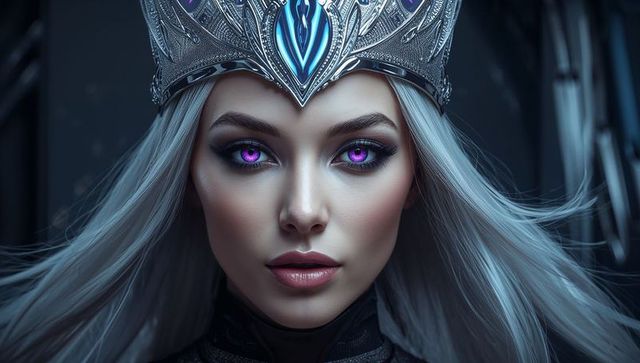 Mystical Queen with Silver Crown and Vibrant Eyes in Majestic Throne Room