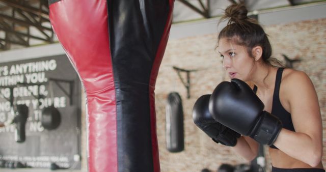 Focused Young Woman Training with Punching Bag in Boxing Gym - Download Free Stock Images Pikwizard.com