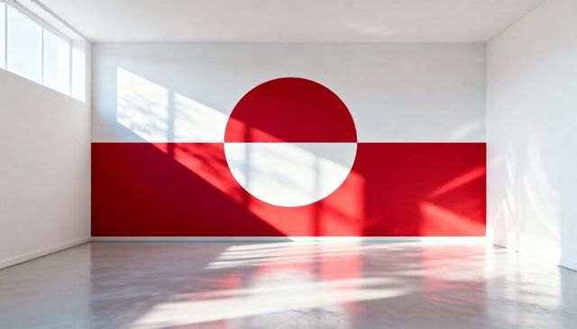 Sunlight casting diagonal shadows on minimalist red circle mural in empty gallery