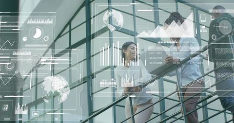 Business team climbing glass atrium staircase with digital analytics hud overlay