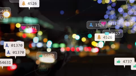 Digital Network Icons Overlay Urban Cityscape at Night