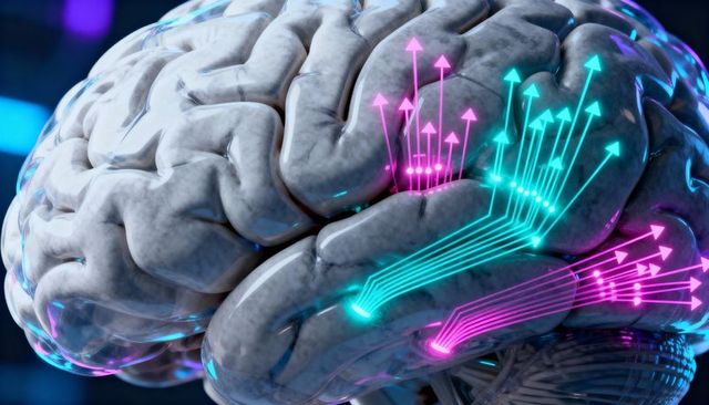 3d brain model visualizing neon neural pathways with cyan and magenta circuit tracing