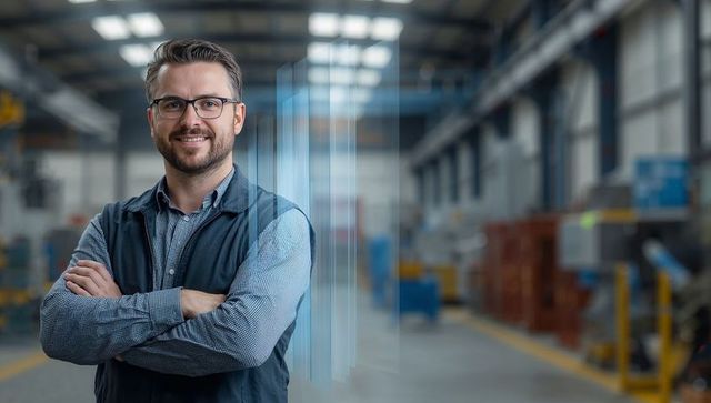 Plant Manager Standing with Arms Crossed Using Augmented Reality Hologram in Factory