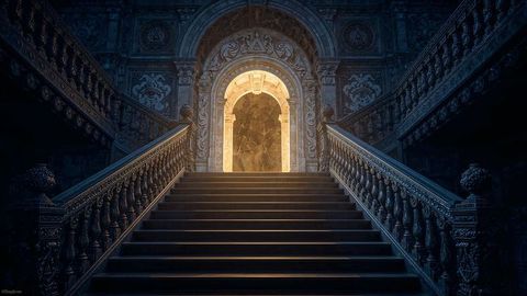 Majestic stone staircase leading to illuminated archway
