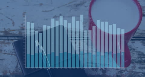 Data Analysis Animation Over Workspace with Mug