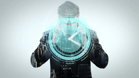 Digital Clock Neon Overlay Concept with Cityscape Double Exposure