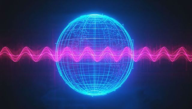 Futuristic wireframe globe with magenta waveform