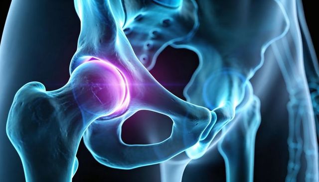 3d medical illustration highlighting left hip joint femoral head and acetabulum with glow