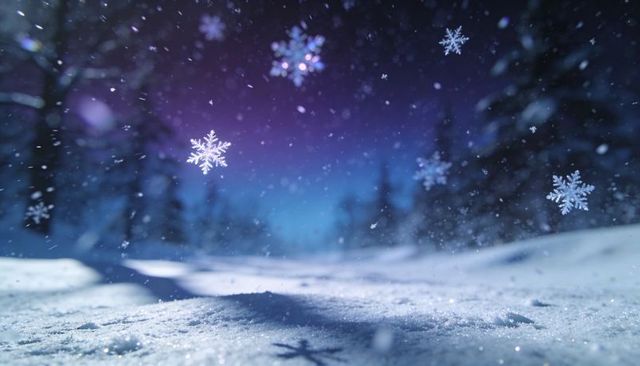 Twilight snowflakes over frosty snowfield in conifer forest creating sparkling bokeh