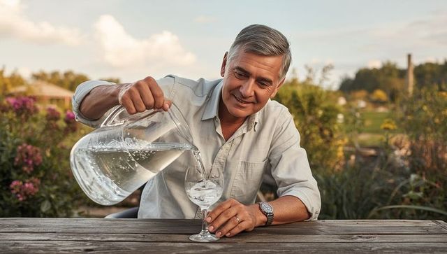 Senior man enjoying refreshment in scenic outdoor setting