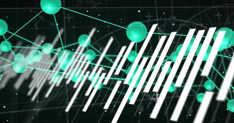 Futuristic network visualization showing cyan nodes and white data bars over 3D grid