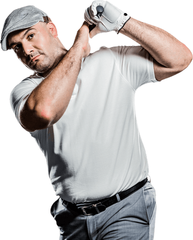 Confident Golf Player Swinging Club Transparent Background