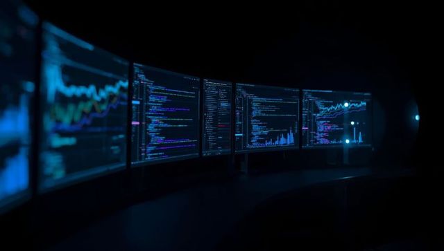 Curved Monitors Displaying Code and Charts in Dark Office