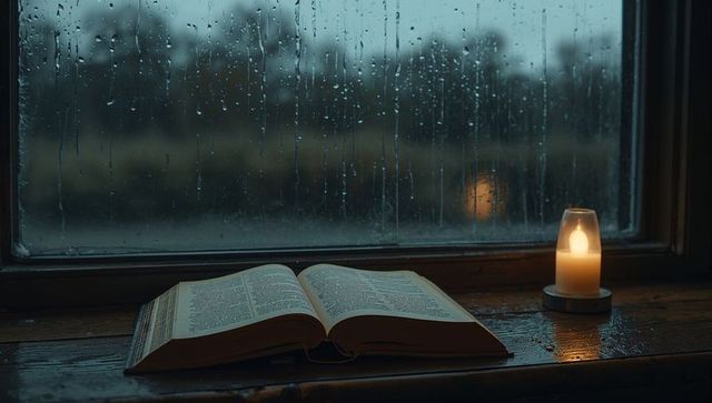 Rainy Window Reading Nook with Open Book and Warm Candlelight on Wooden Windowsill