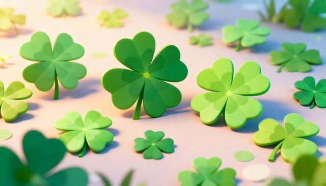 Scattering four-leaf clover cutouts casting soft shadows on pastel surface for st patrick