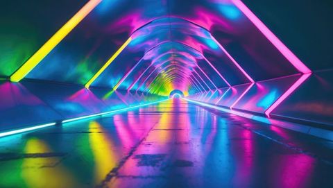 Futuristic neon tunnel with reflective led lighting