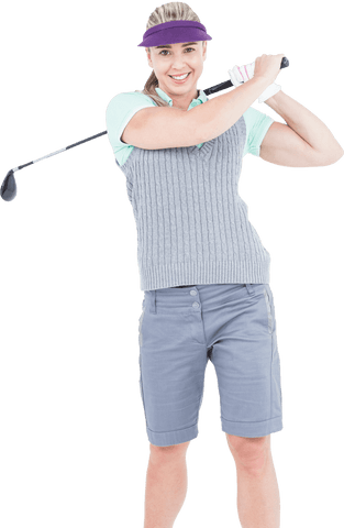 Confident Female Golf Player Swinging Club on Transparent Background