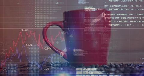 Red ceramic mug with coffee beans and data overlay mixing coffee and market analytics